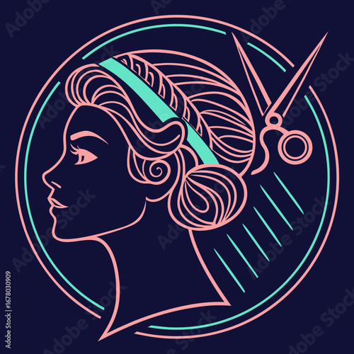 Hairstylist woman with scissors and comb  line art logo.