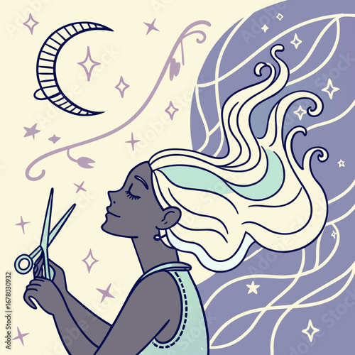 Hairstylist woman with scissors and comb  line art logo.
