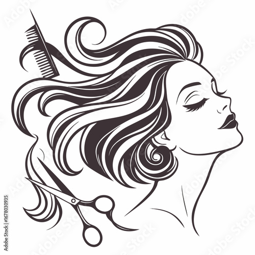 Hairstylist woman with scissors and comb  line art logo.