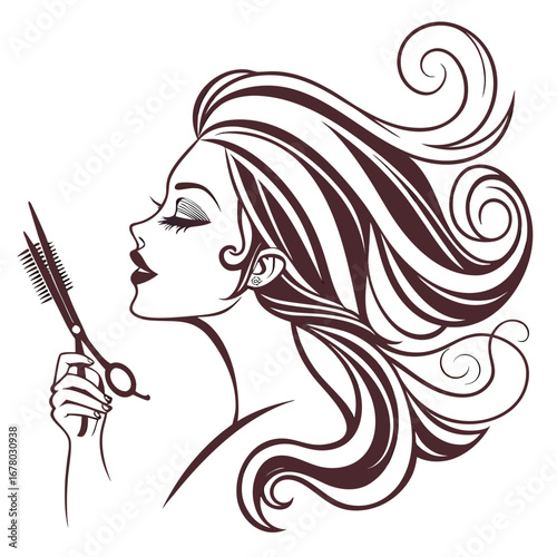 Hairstylist woman with scissors and comb  line art logo.