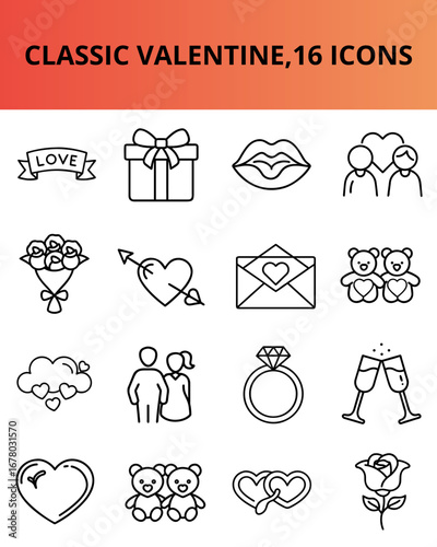 Classic Valentine icons set with love symbols and gifts  