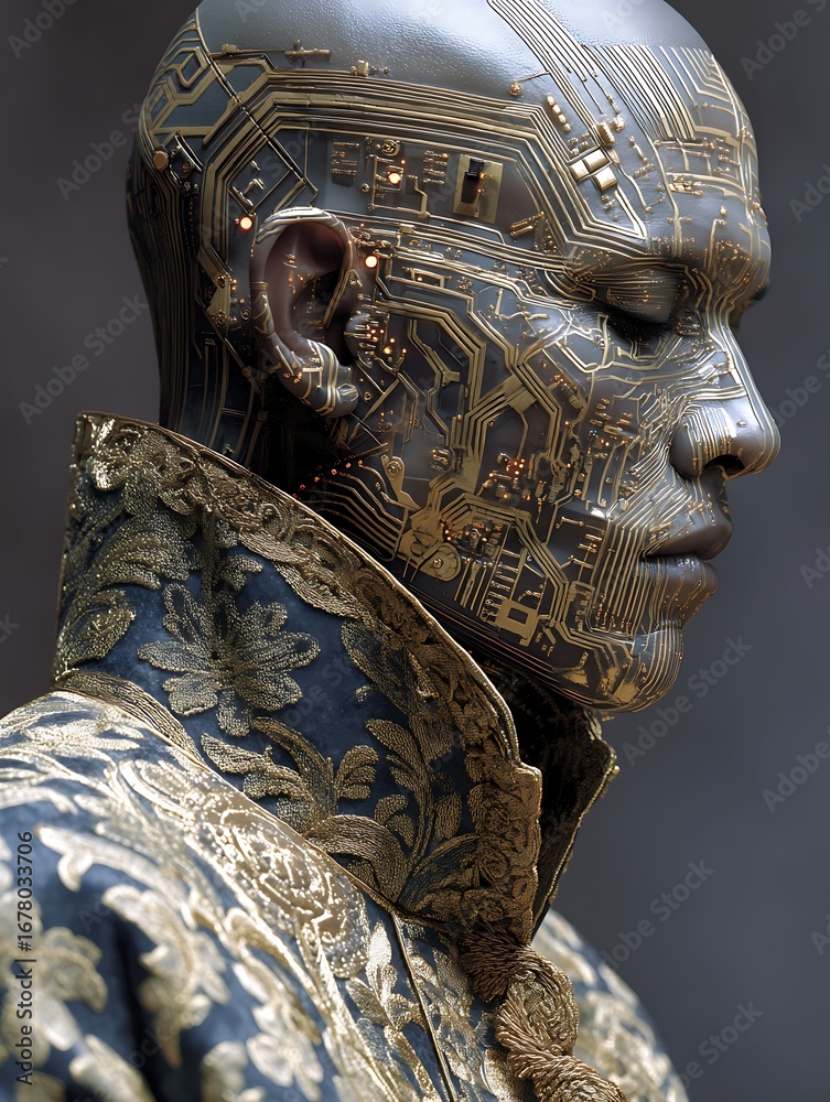 Obraz premium a regal renaissance nobleman with chrome-plated skin and glowing neural circuits etched across his face, ancient background merging with futuristic digital architecture, detailed fabric texture,