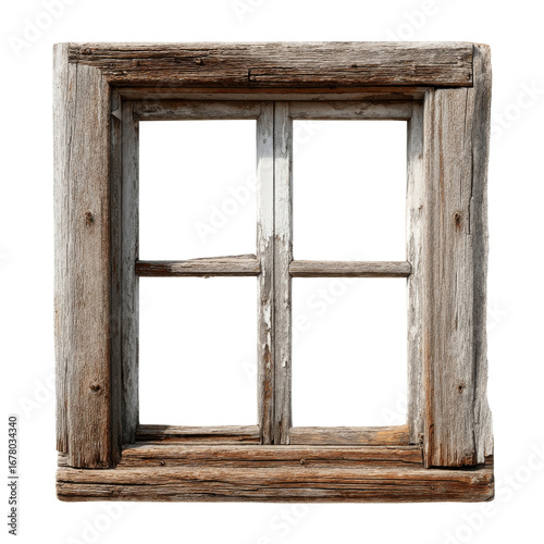 Old wooden window frame with rustic charm, showcasing weathered wood and vintage aesthetic, perfect for home decor or architectural design