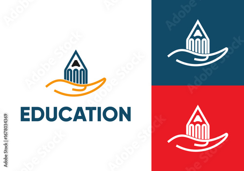 education logo template, pencil and hand symbol icon vector