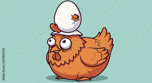 Humorous Illustration of a Chicken with a Hatching Egg on its Head, Depicting Farm Life and the Cycle of Birth, Ideal for Children's Books and Educational Materials
