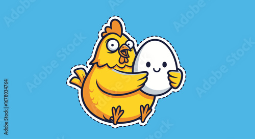 Animated yellow chicken lovingly holding a cute egg character on a pastel blue background, suitable for children's illustrations or educational material