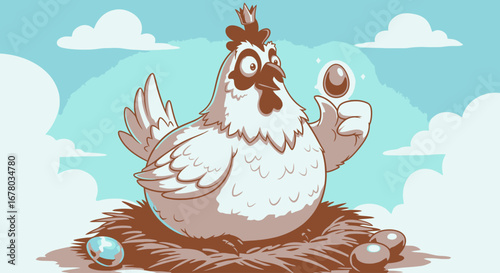Cartoon Chicken Holding Egg in Nest Illustration for Children's Books and Educational Materials about Farm Animals and Egg Production.
