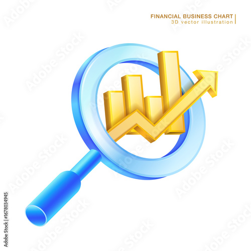 Magnifying glass focuses 3D bar chart with upward trend line, symbolizing business analysis, financial growth and market research. Perfect for data analysis, investment, strategic planning concepts.
