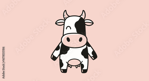 Adorable cartoon cow illustration with charming features and a light pink background, suitable for children's books, farm-themed decor, or educational materials.