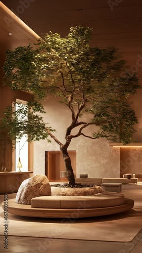 Serene Minimalist Interior Design: Beige and Warm Lighting with a Central Tree