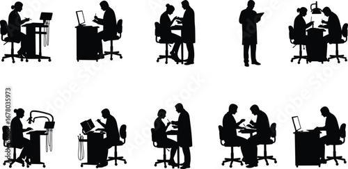 Dentist silhouette, dental clinic, doctor patient consultation, dental checkup, healthcare professional, dentist chair, oral care, medical teamwork, treatment, hospital