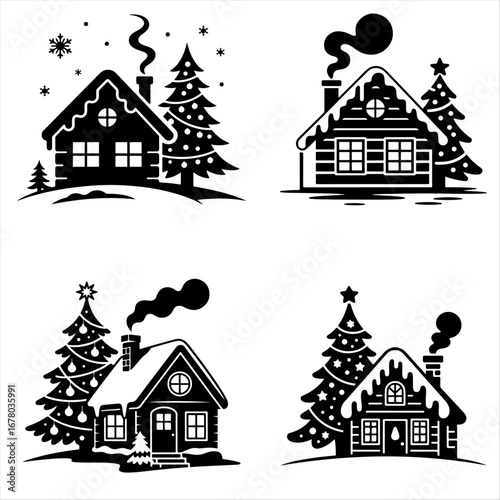 Winter Cabin with Christmas Tree Silhouette