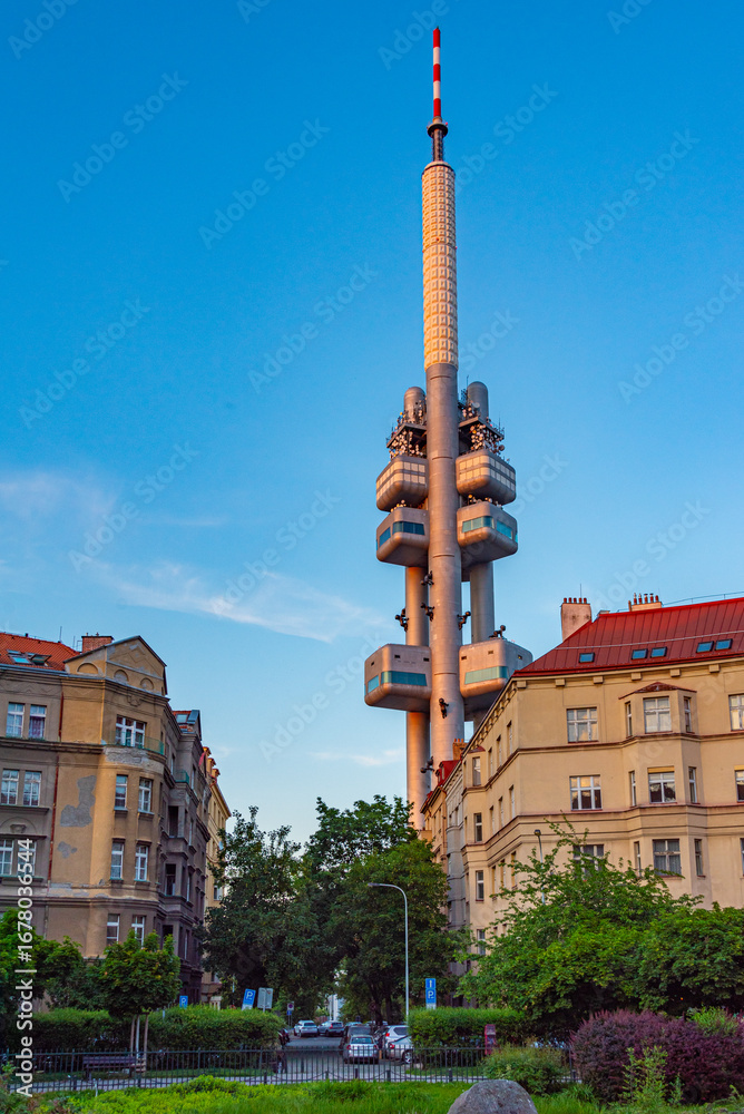 Obraz premium Sunset panorama view of Zizkov TV tower overlooking Prague, Czec