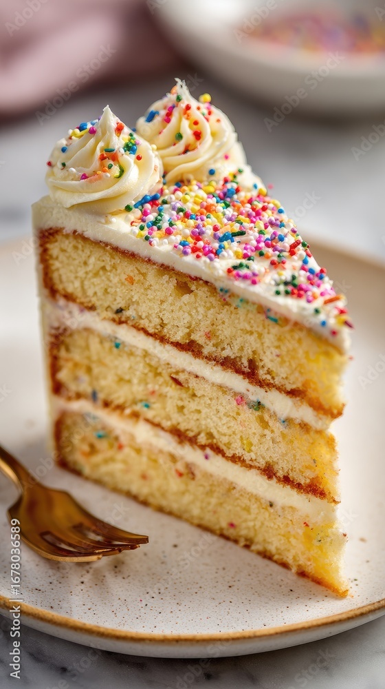 Vanilla layer cake slice with sprinkles and frosting