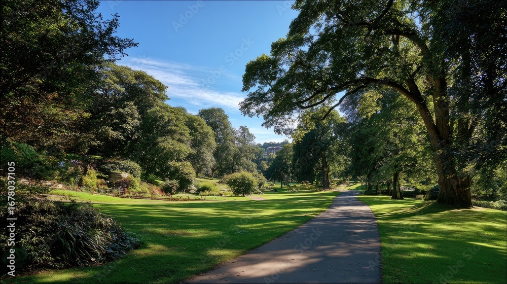 Obraz premium Sunny park path through lush greenery