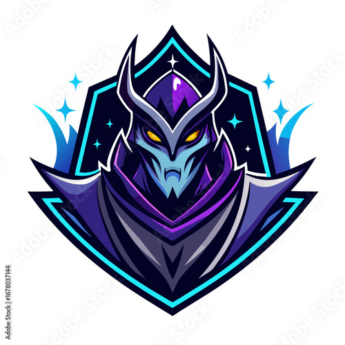 Stylized Warlock Esports Emblem in Midnight Scheme with Magical Particles and Sharp Contours