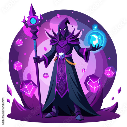 Dark Mage with Glowing Purple Staff and Arcane Runes, Neon-Hued Layered Vector Composition