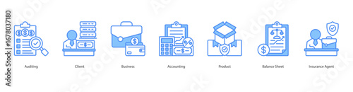 Auditing Service banner web icon set vector illustration concept with icon of auditing, client, business, accounting, product, balance sheet, insurance agent