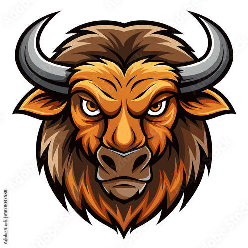 Wild Bison Mascot with Bold Snout, Symmetrical Horns, and Earthy Vector Color Scheme