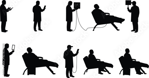 Doctor silhouette, patient treatment, medical consultation, healthcare monitoring, hospital checkup, clinical discussion, professional examination, patient care, medical staff, healthcare teamwork