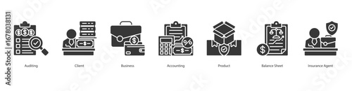 Auditing Service banner web icon set vector illustration concept with icon of auditing, client, business, accounting, product, balance sheet, insurance agent