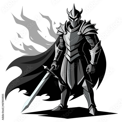 Armored Knight Mascot in Grayscale with Glowing Sword