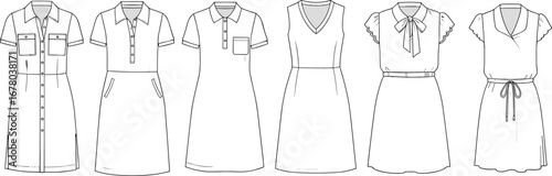 Women’s dresses technical fashion flat sketch set, shirt dress, polo dress, V-neck, bow tie, short sleeves