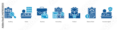 Auditing Service banner web icon set vector illustration concept with icon of auditing, client, business, accounting, product, balance sheet, insurance agent