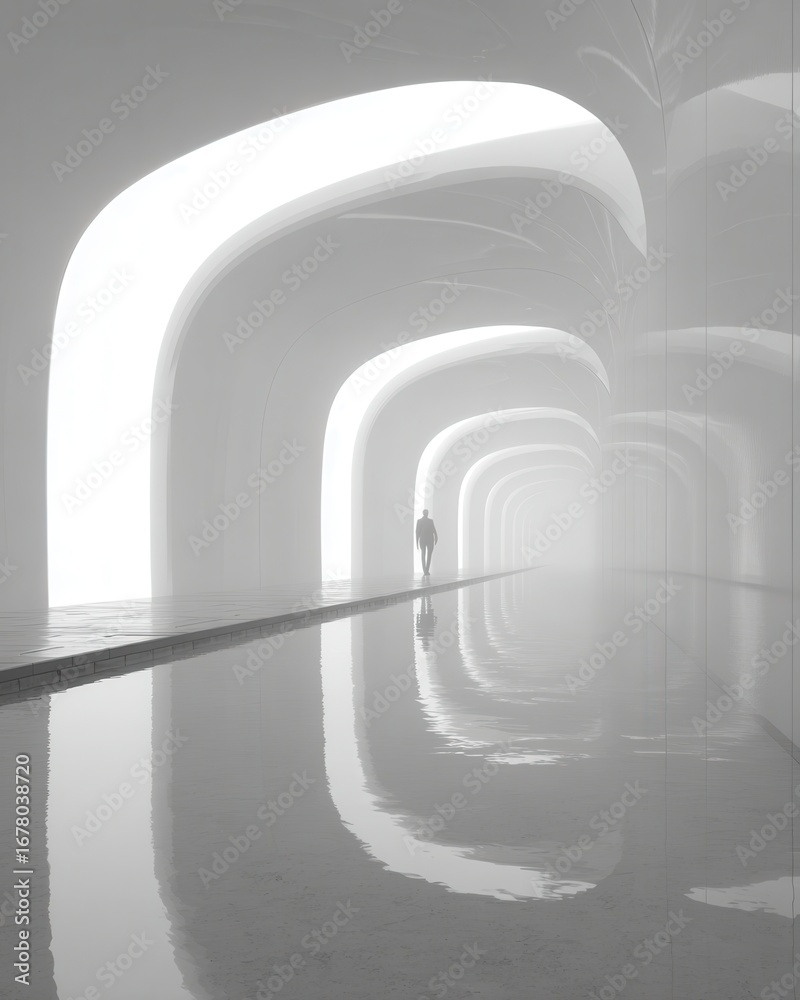 Fototapeta premium Ethereal Figure Walking in Minimalist Architectural Space with Reflections and Soft Light