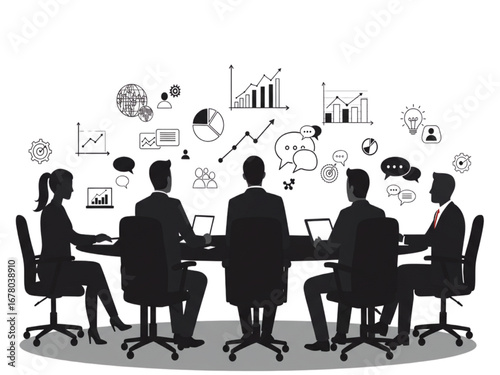 Diverse Business Team Silhouette Meeting at Conference Table for Marketing Strategy and Collaboration