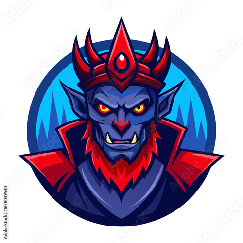 Red Demon King Mascot with Spiked Crown and Glowing Eyes in Dark Fantasy Crest