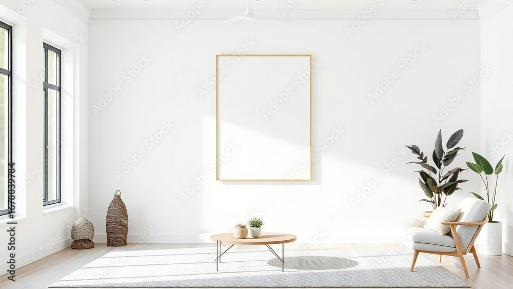 Fototapeta premium Bright modern living room with tall mirror and cozy armchair