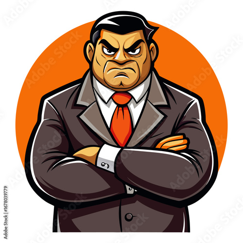 Sharp-Dressed Gangster Mascot with Folded Arms and Orange Gradient Backdrop