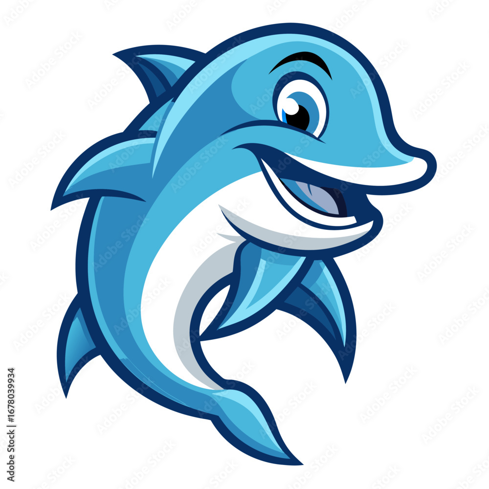 Obraz premium Friendly Dolphin Mascot with Simplified Form in Soft Blues and Whites