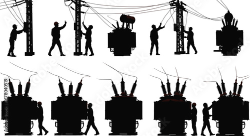 Electrical transformer maintenance silhouette, power line workers, energy infrastructure, electricity distribution, utility repair, power engineering, grid 