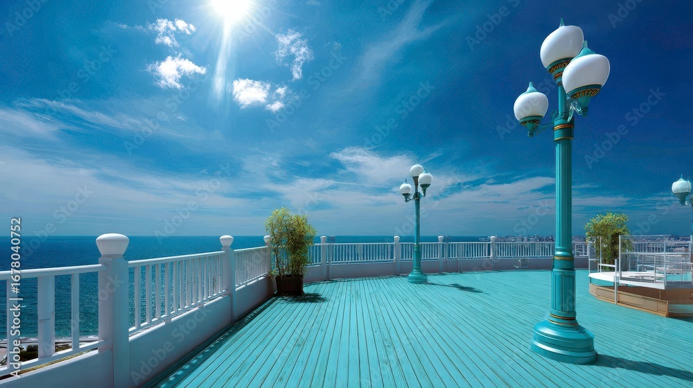 Fototapeta premium Ocean View Deck: Sunny Sky, Waterfront Balcony, Luxury Travel