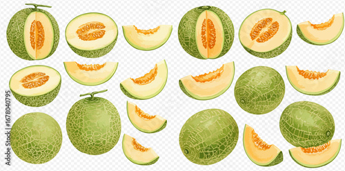 A collection of watercolor illustrations of whole, halved, and sliced cantaloupe melons on a transparent background.
