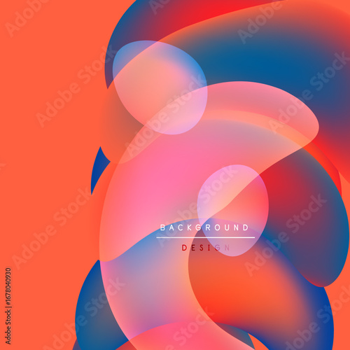 Abstract colorful shapes overlap, creating vibrant gradients. Orange background complements pinks, blues, reds. Modern design element.