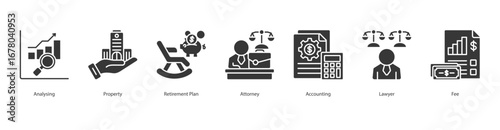 Financial Consulting banner web icon set vector illustration concept with icon of analysing, property, retirement plan, attorney, accounting, lawyer, fee