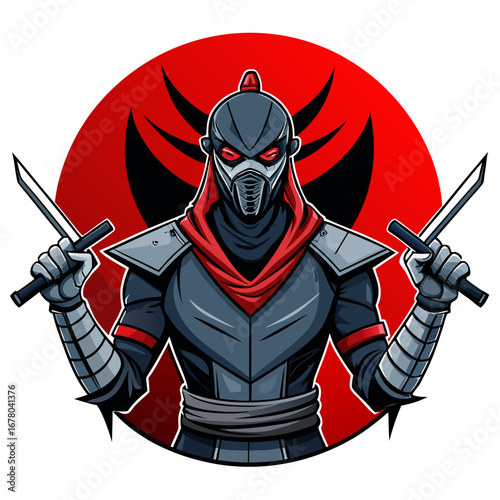 Masked Dual-Katana Warrior Silhouette before Red Sun Disc in Comic Vector Style