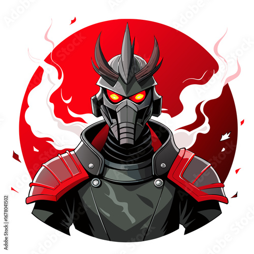Samurai Cyborg with Neon-Red Eyes and Smoke in Intense Red Burst Backdrop