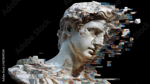 roman marble bust, cracked and eroded by glitch waves, shimmering pixel fragments floating away, hyper-realistic texture, vibrant glitch art aesthetic 