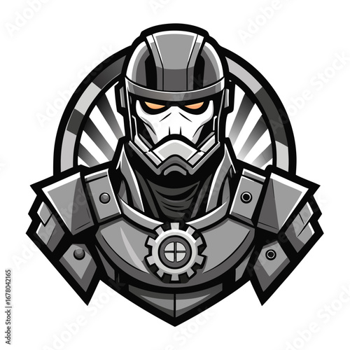 Bold Grayscale Combat Trooper Bust with Digital Camo Fill and Side Gear Icons