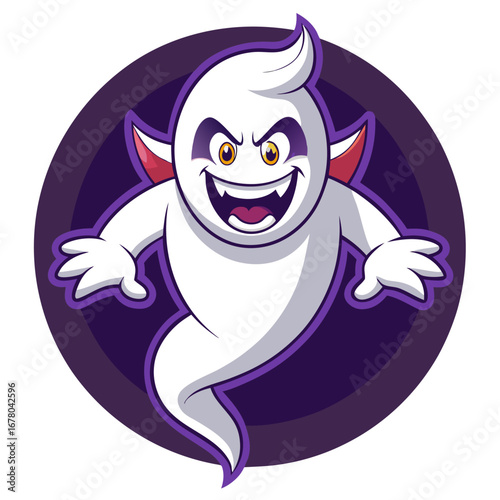 Playful Phantom Mascot with Exaggerated Expression and Floating over Dark Haunted Background