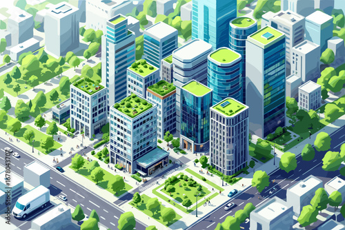 Vibrant cityscape with modern green buildings and lush rooftop gardens, showcasing sustainable urban living and eco-friendly architecture