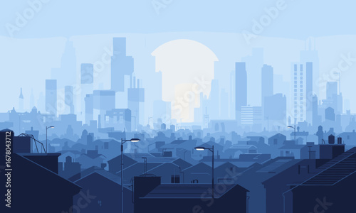 Serene cityscape with a hazy sunrise illuminating towering skyscrapers and a vast urban sprawl below
