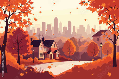 Charming suburban street scene bathed in warm autumn colors with falling leaves and a distant city skyline creating a picturesque fall panorama.