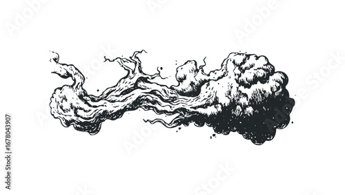 Ink drawing of a wispy smoke plume curling with textured details. Vector hand drawn illustration