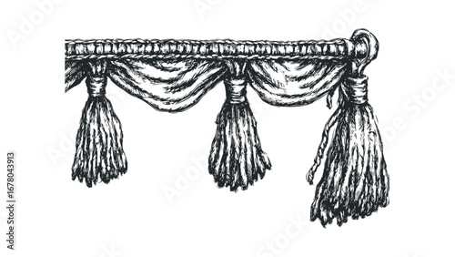 Draped Textile with Tassels Sketch on Transparent Background. Vector hand drawn illustration