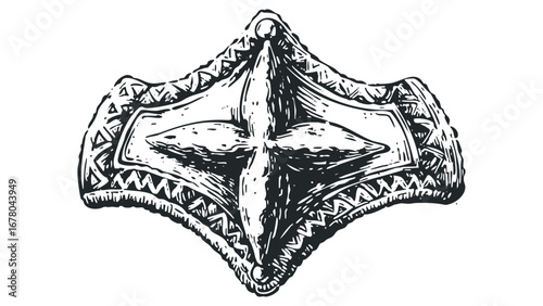 Ornate historical artifact with intricate carving, symbol, isolated object. Vector hand drawn illustration